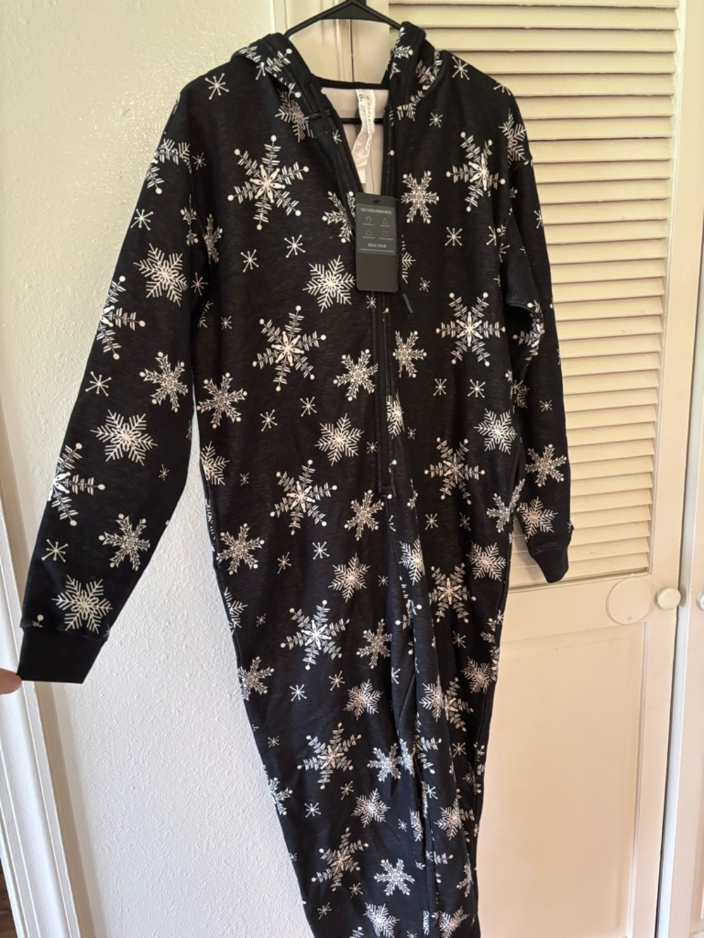 Fabletics Black Fleece Hooded Onesie with White Snowflake Print